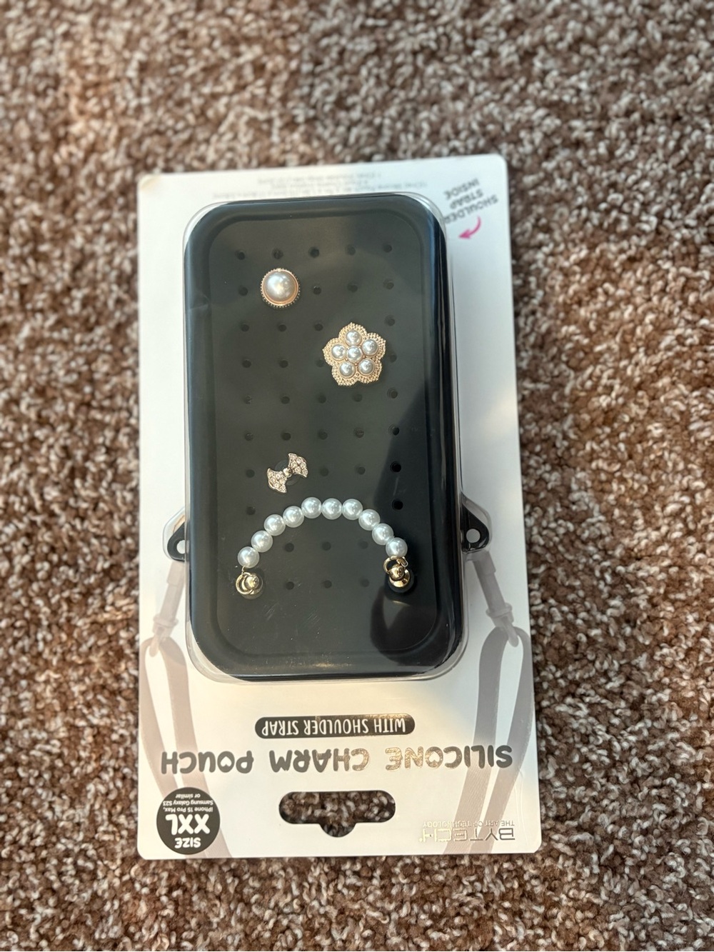 Silicone Charm Pouch Phone Crossbody with Pearl Charm - Black